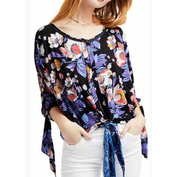 Free People Keepin On Top Womens Size XS Black Multicolor Floral Oversized Boho - Picture 13 of 13